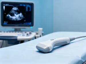 Elektroniczny monitor tętna płodu na szpitalnym łóżku w profesjonalnym i spokojnym otoczeniu oddziału położniczego.