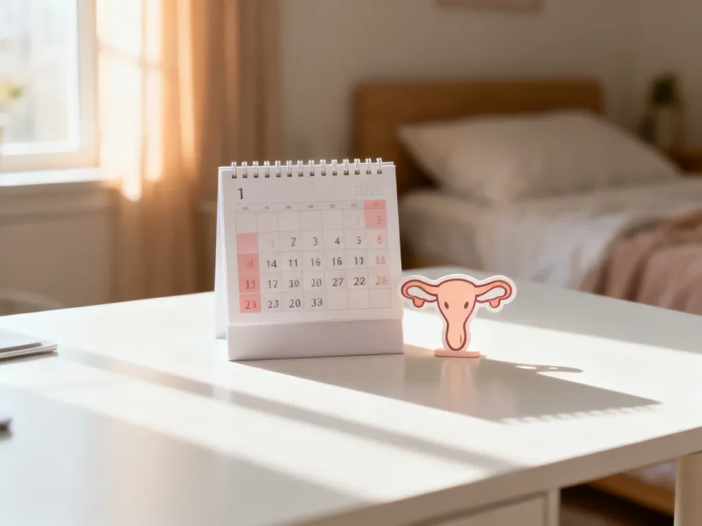 Kalendarz z zaznaczonymi datami i ikoną macicy na biurku, symbolizujący monitorowanie cyklu menstruacyjnego po porodzie.
