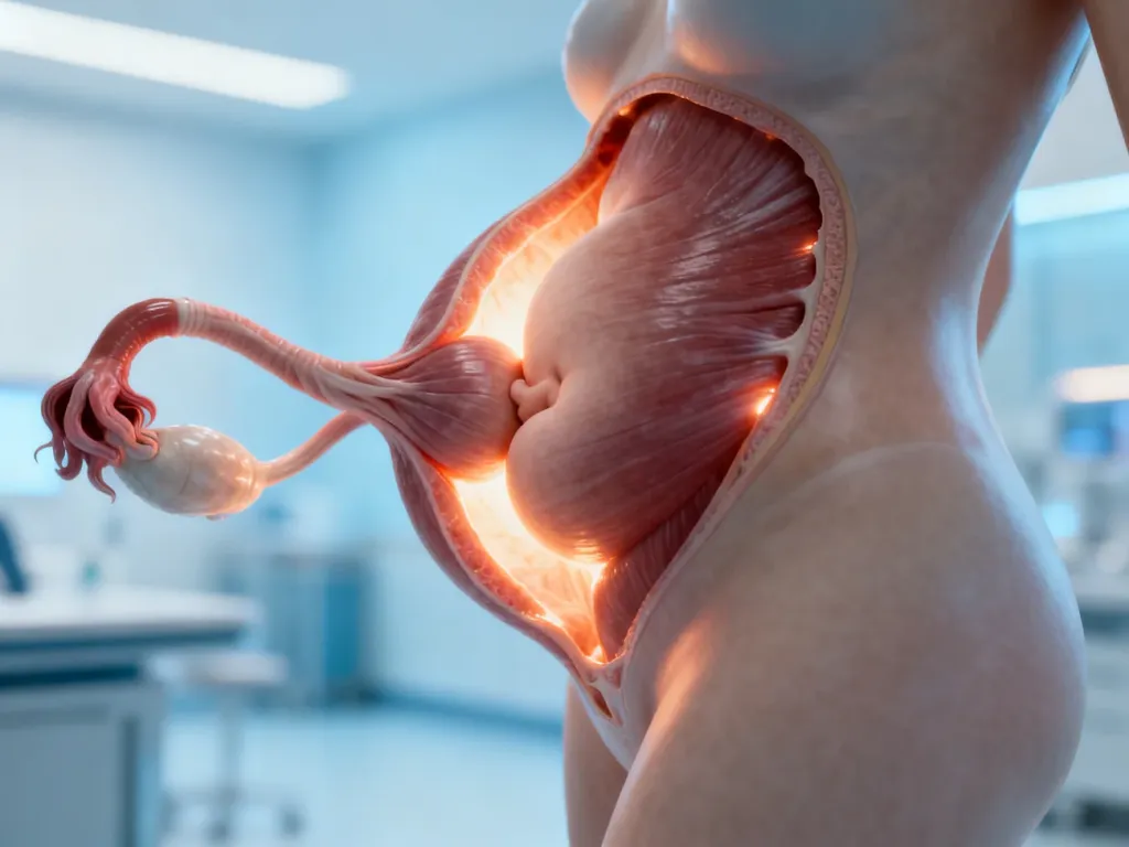Anatomiczna ilustracja macicy w ciąży z widocznym zarysem mięśni w profesjonalnym, klinicznym otoczeniu.