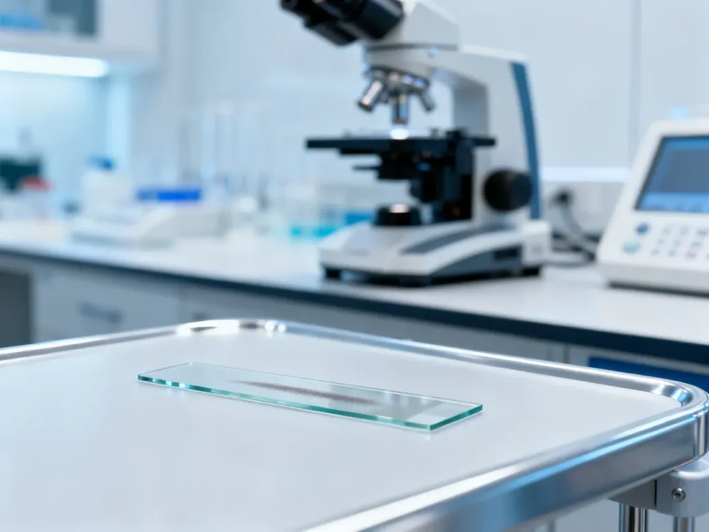 Szkiełko podstawowe z wymazem cytologicznym przygotowane do analizy pod mikroskopem w profesjonalnym laboratorium.