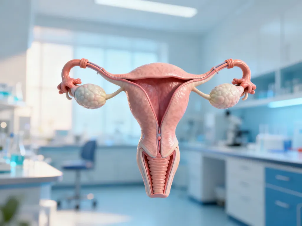 Anatomiczna ilustracja żeńskiego układu rozrodczego z uwzględnieniem budowy jajników w profesjonalnym stylu klinicznym.