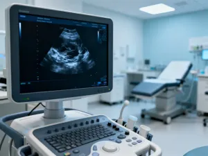 Dłonie trzymające miękki kocyk dziecięcy na szpitalnym łóżku, symbolizujące opiekę nad noworodkiem w bezpiecznym otoczeniu.