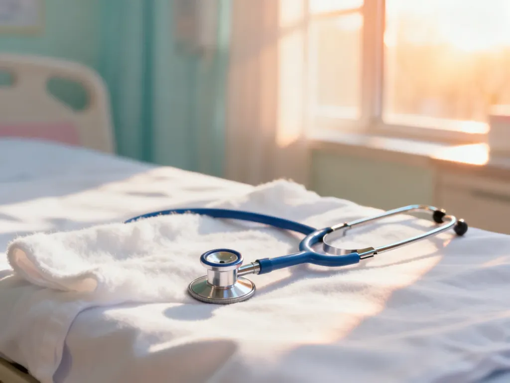 Stetoskop pediatryczny na białym materiale w jasnym, sterylnym gabinecie lekarskim.