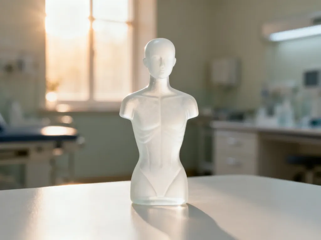 Minimalistyczny, szklany model anatomiczny symbolizujący świadomość zdrowia piersi w jasnym, klinicznym wnętrzu.