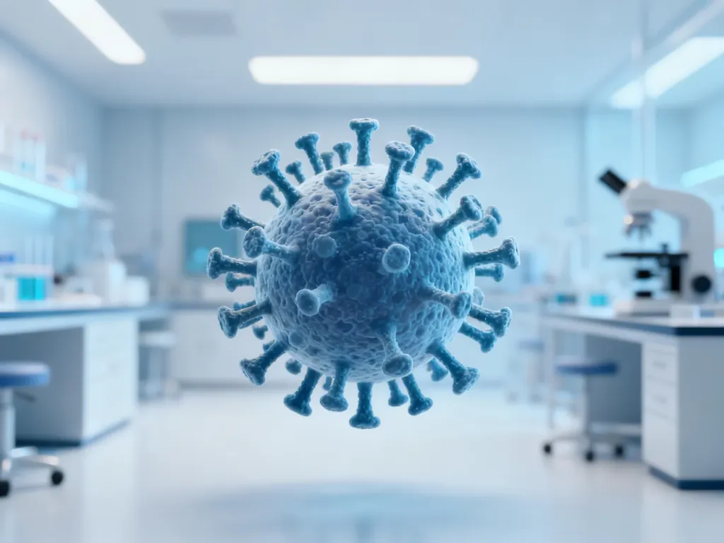 Stylizowany model wirusa HPV w sterylnym, laboratoryjnym otoczeniu, obrazujący strukturę patogenu.