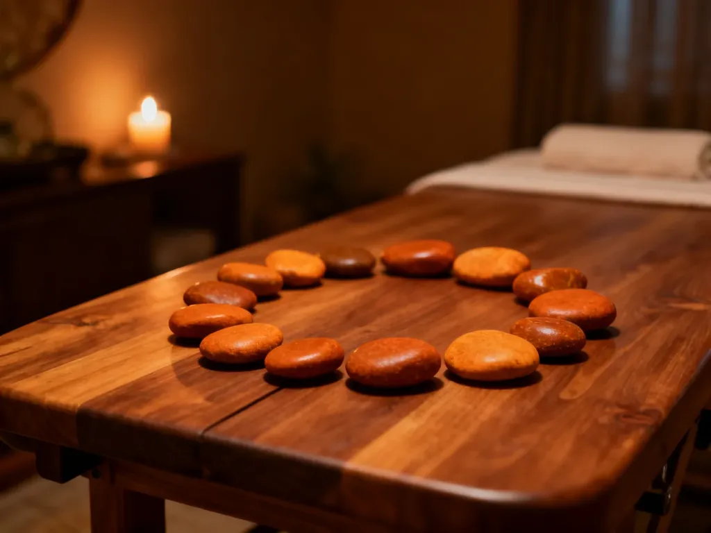 Stół do masażu z ułożonymi w krąg kamieniami, tworzący atmosferę relaksu i wyciszenia w gabinecie spa.