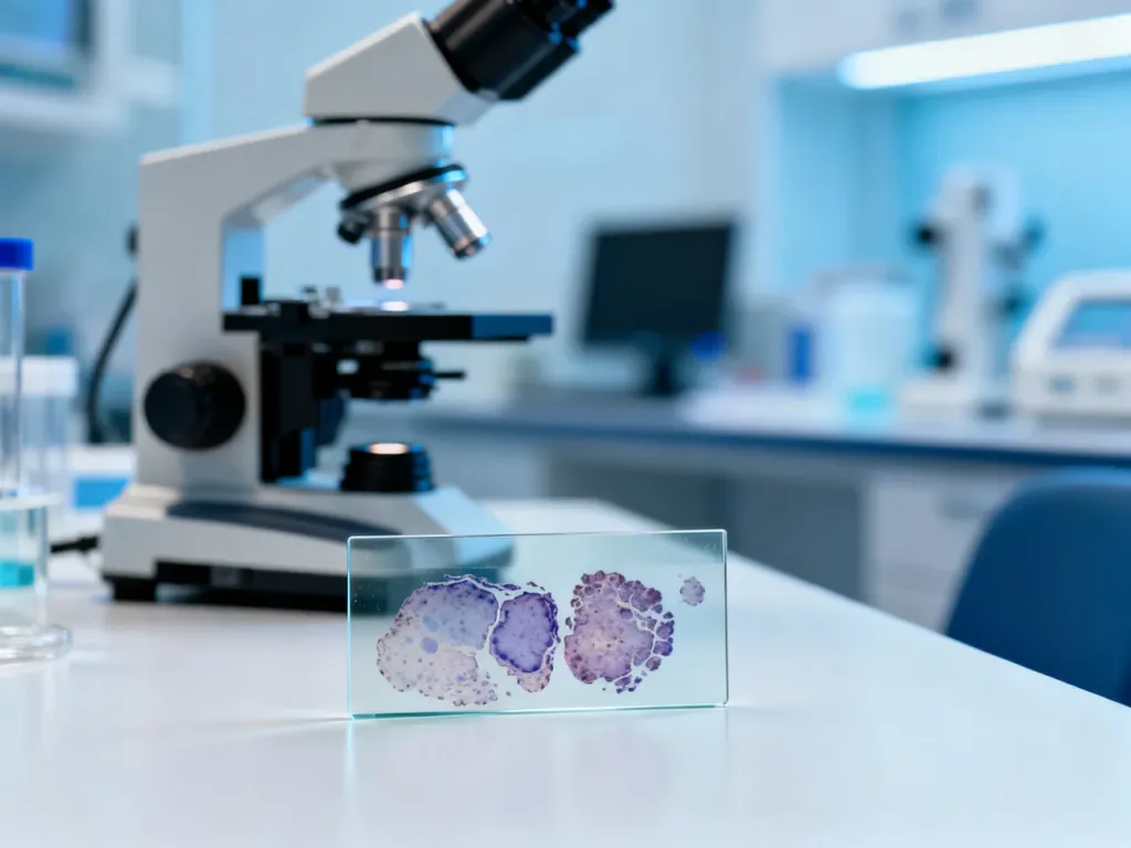 Szkiełko mikroskopowe z próbką tkanki w profesjonalnym laboratorium medycznym.