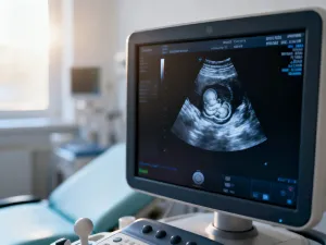 Dzianinowy kocyk i smoczek na drewnianym stoliku w przytulnym, słonecznym pokoju dziecięcym.