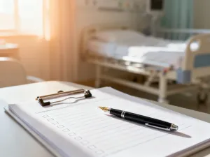 Profesjonalny gabinet lekarski z folderem medycznym i stetoskopem na biurku, symbolizujący opiekę i konsultację medyczną.